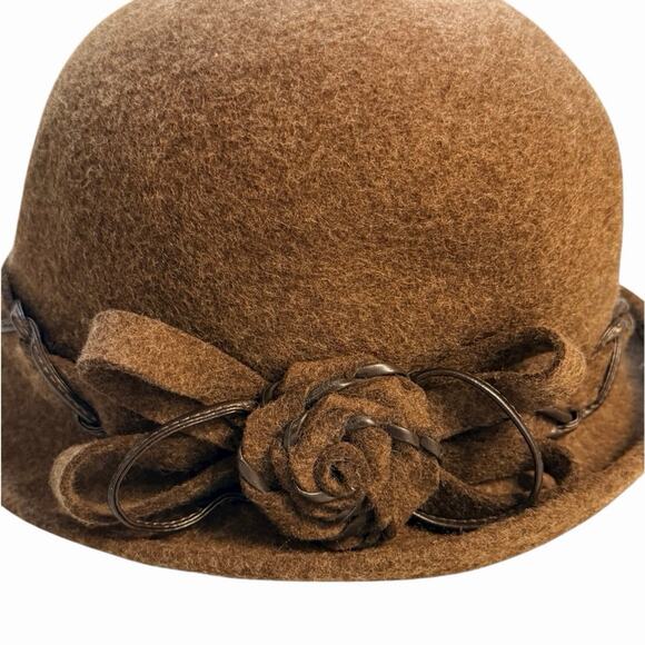 Vintage Italian Brown Wool Cloche Hat Floral Rosette Felt Womens S M EU56 main image 7